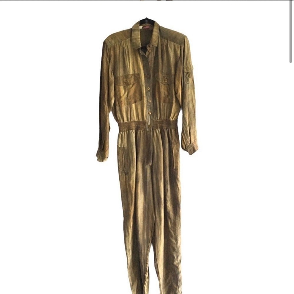 Vintage Bianca 100% Silk Jumpsuit Utility Military Olive Green Oversized Small - Picture 3 of 11